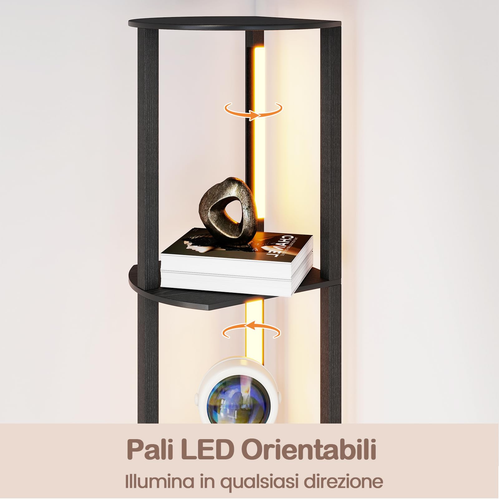 RELAX4LIFE Lampada da Terra con Scaffali a 4 Ripiani, Strisce LED Ruotabili, Luminosità Regolabile e Interruttore a Pedale, Lampada per Soggiorno, Ufficio e Camera (30 x 35 x 163 cm, Strisce LED)