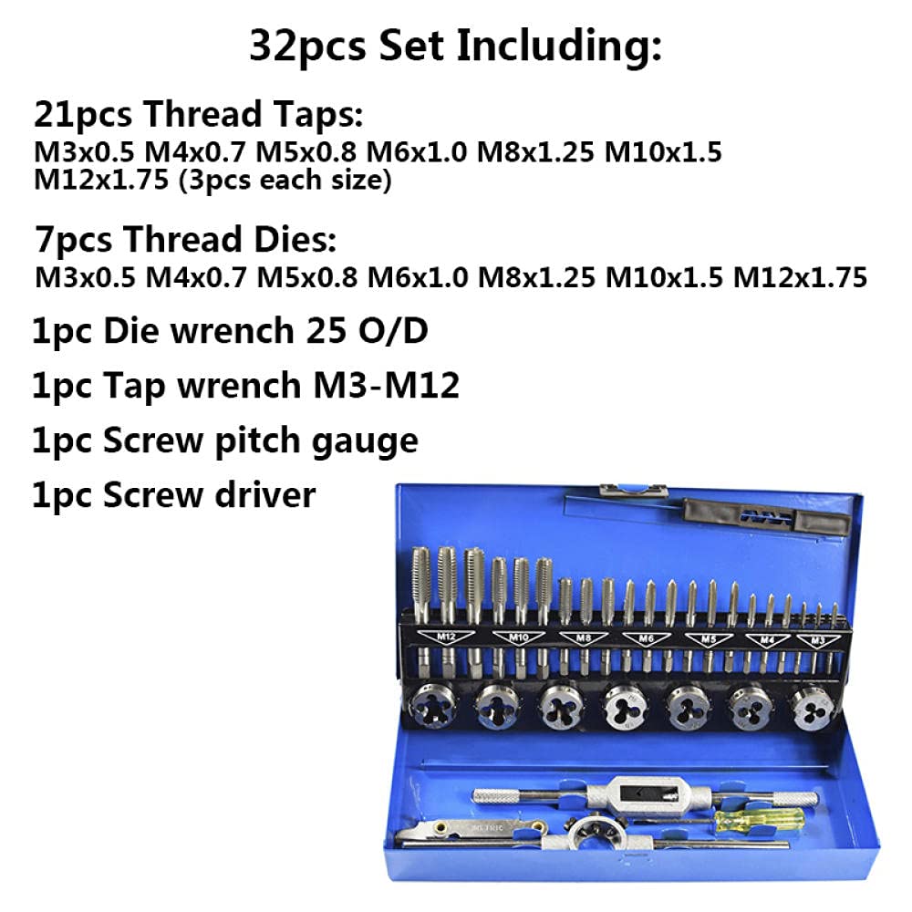 Juego de 32 machos y terrajas M3-M12, Brocas métricas para roscar y Trabajar el Metal, Herramientas manuales, Llave de machos de Acero de aleación.
