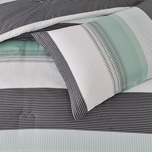Sleepbella CSQLQ Comforter Queen Size, Mint Green & Grey & White Striped Patchwork Polyester Comforter Set thumb #3