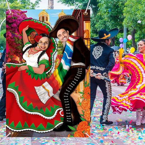 Image of Tudomro Mexican Couple Photo Props Fiesta Party Background 6 x 4 ft Fabric Large Photo Door Banner Mexican Style Funny Games Supplies for Birthday Party Cinco De Mayo Festival Supplies
