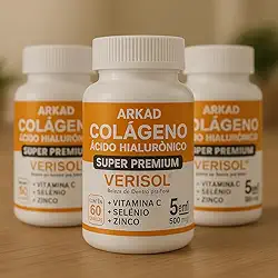 Colágeno Verisol® com Ácido Hialurônico 500mg – Arkad Super Premium 5 em 1 – Vitamina C, Zinco, Selênio – Pele, Cabelos, Unhas – Antirrugas e Firmeza – 180 cápsulas