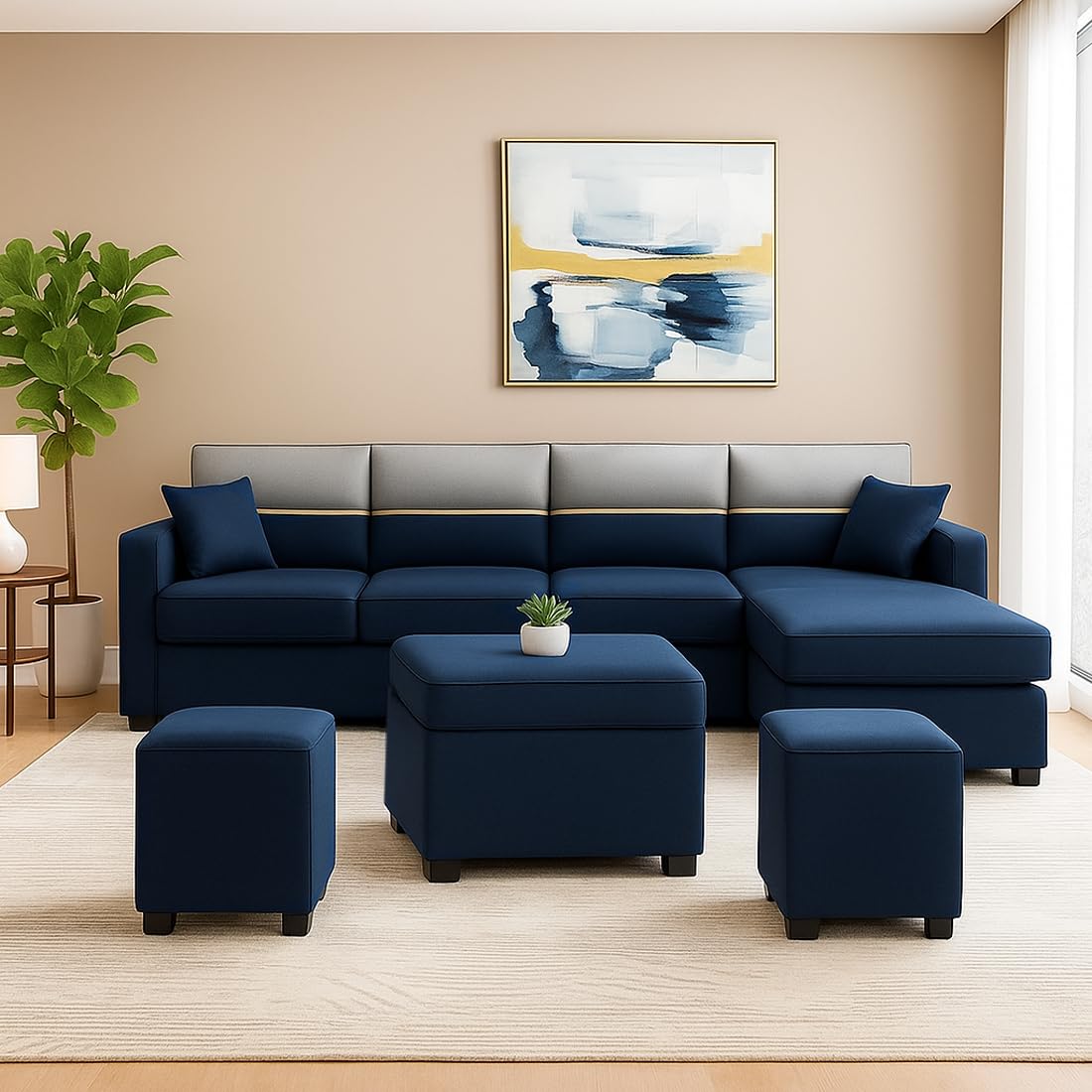 FURNY Arnoy 8 Seater Fabric RHS L Shape Sofa Set with 1 Centre Table & 2 Puffy (Blue) | Premium Velvet Finish | Durable & Comfortable | Ideal for Living Room FURNY Arnoy 8 Seater Fabric RHS L Shape Sofa Set with 1 Centre Table & 2 Puffy (Blue) | Premium Velvet Finish | Durable & Comfortable | Ideal for Living Room