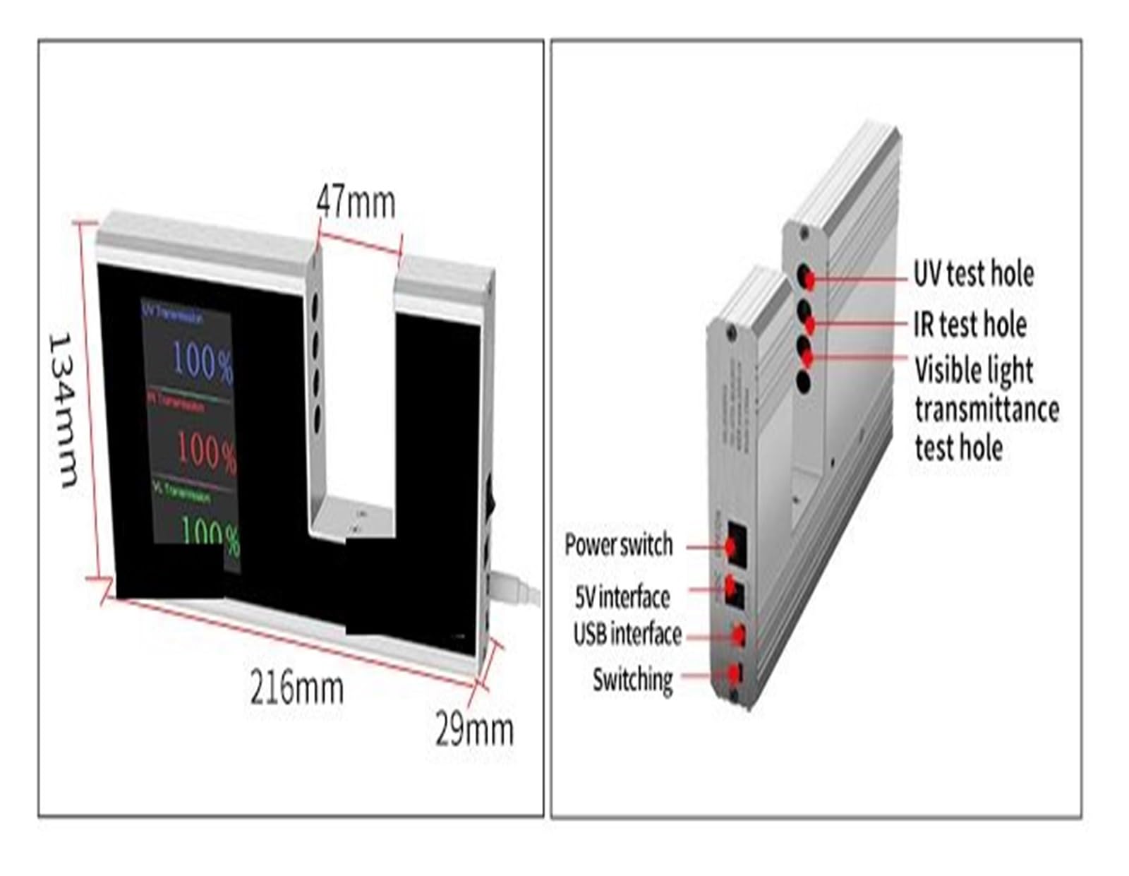 Digitales UVA/UVB-Messgerät 940 IR 365 UV 380–760 nm VL LS183 -Transmissionsmessrät for Testfilm, Fenstertönung Hintergrundbeleuchtetes LCD, Speicherfunktion