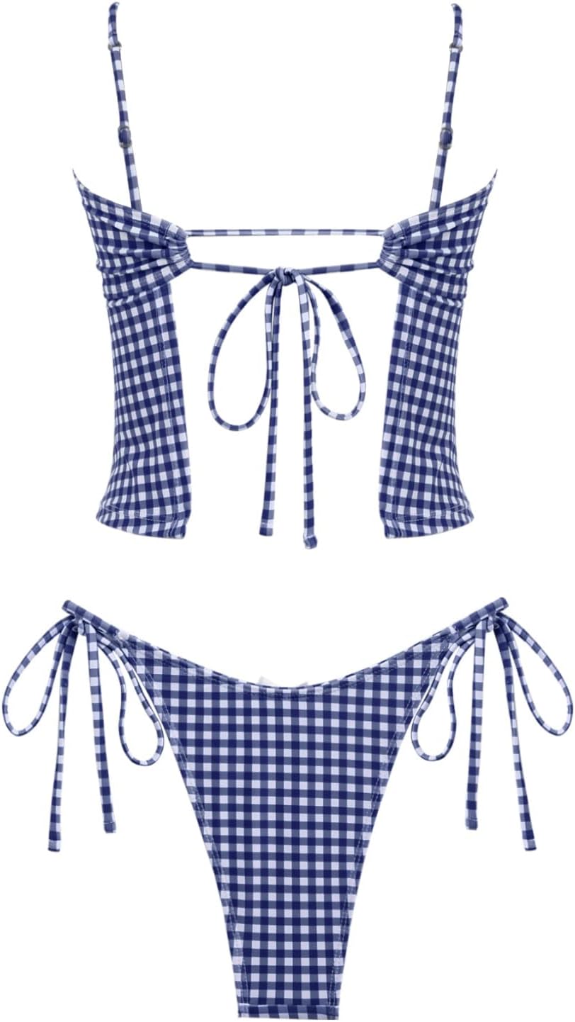 seamoly Women's Tankini Sets Sexy Open Back Two Piece Swimsuit High Cut Side Tie Thong Bathing Suit Floral Gingham Bikini - Image 4