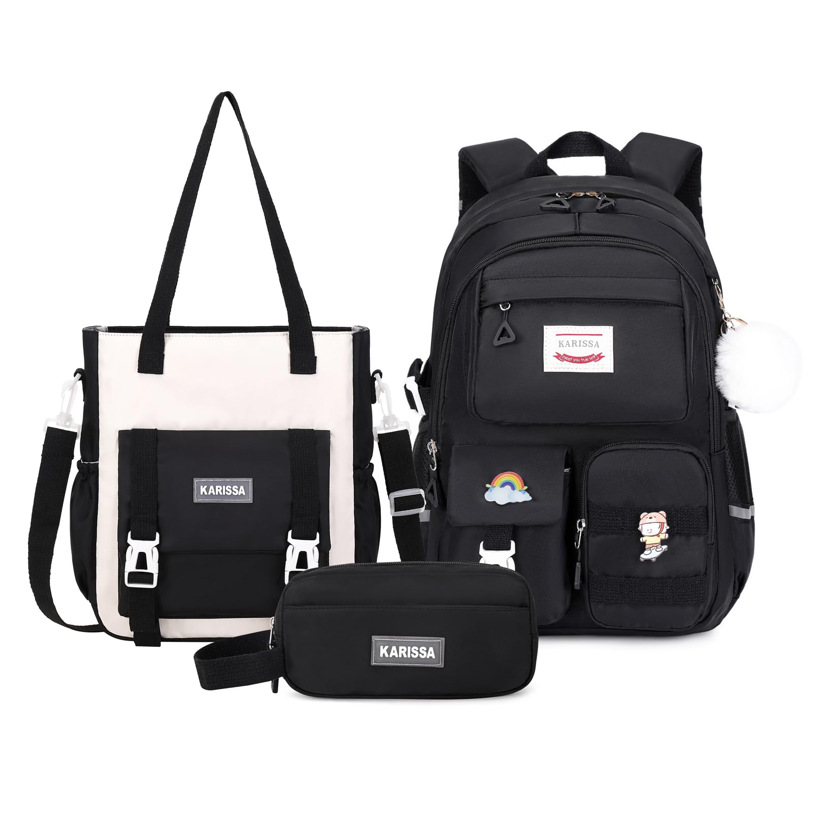 Kawaii Girls Backpack for School with Convertible Shoulder Tote Bag，Cute Teenage Multiple Pockets Backpack for Primary Elementary High School, Black 3 Pcs Set