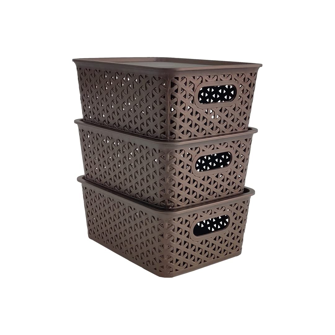 HomeStrap Set of 3 Plastic Storage Organizers/Baskets With Lid For Kitchen, Clothes, Multipurpose Vegetables, Toys, Books, office, Stationery, Wardrobe (Small|Brown) Rectangular
