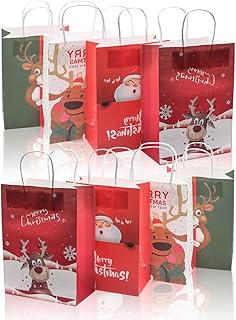 Derbway Borsa Regalo di Natale, 8PCS Custodia in Carta Natalizia Sacchetti Riutilizzabili per Bomboniere Festa Caramella con Manico (S)