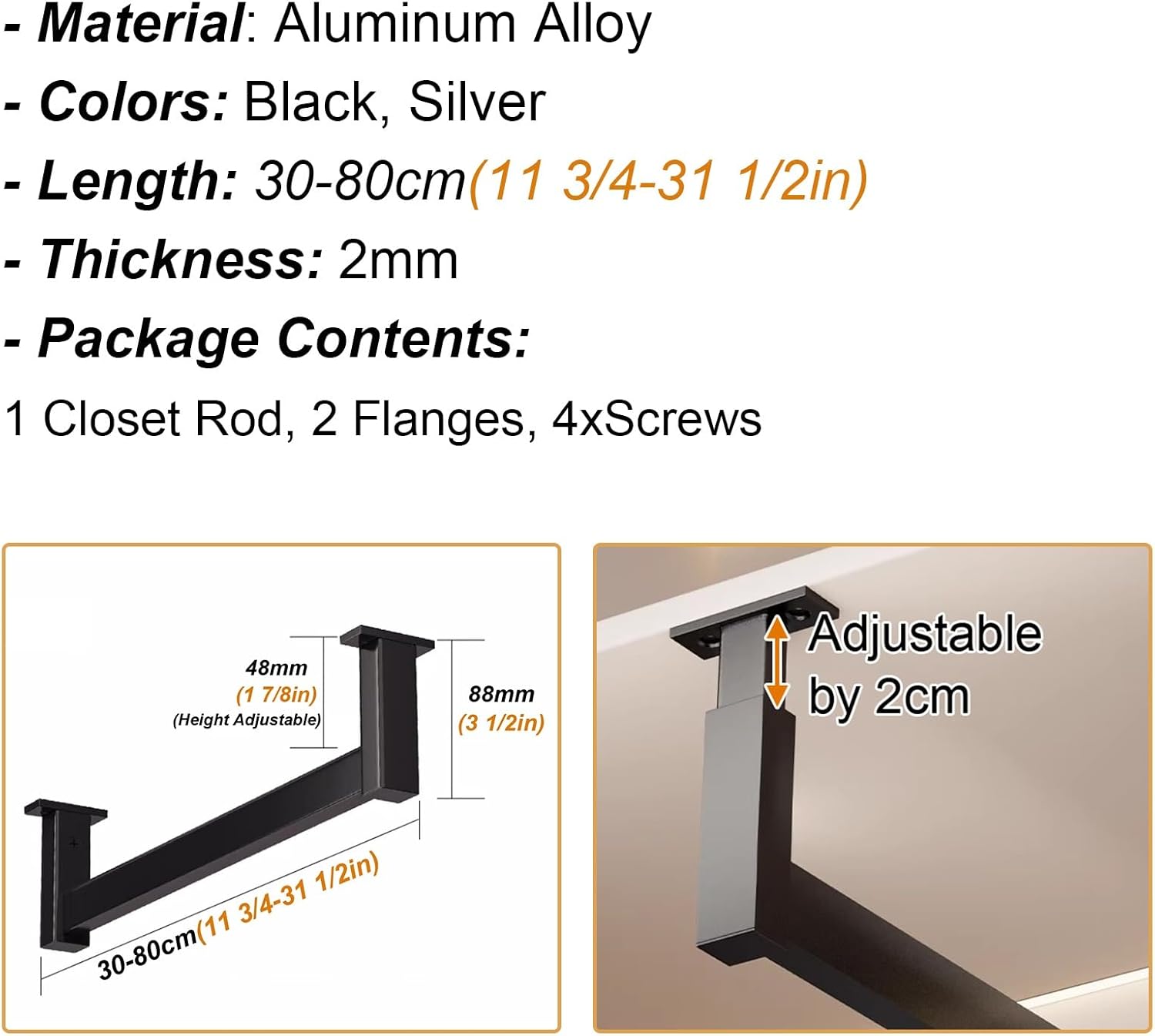 Top-Mounted Aluminum Closet Rod with Bracket Set, Non-Slip Wardrobe Hanging Bar for Bedroom, Bathroom & Kitchen, 80cm (31.5in) - Stylish Silver Valet Solution