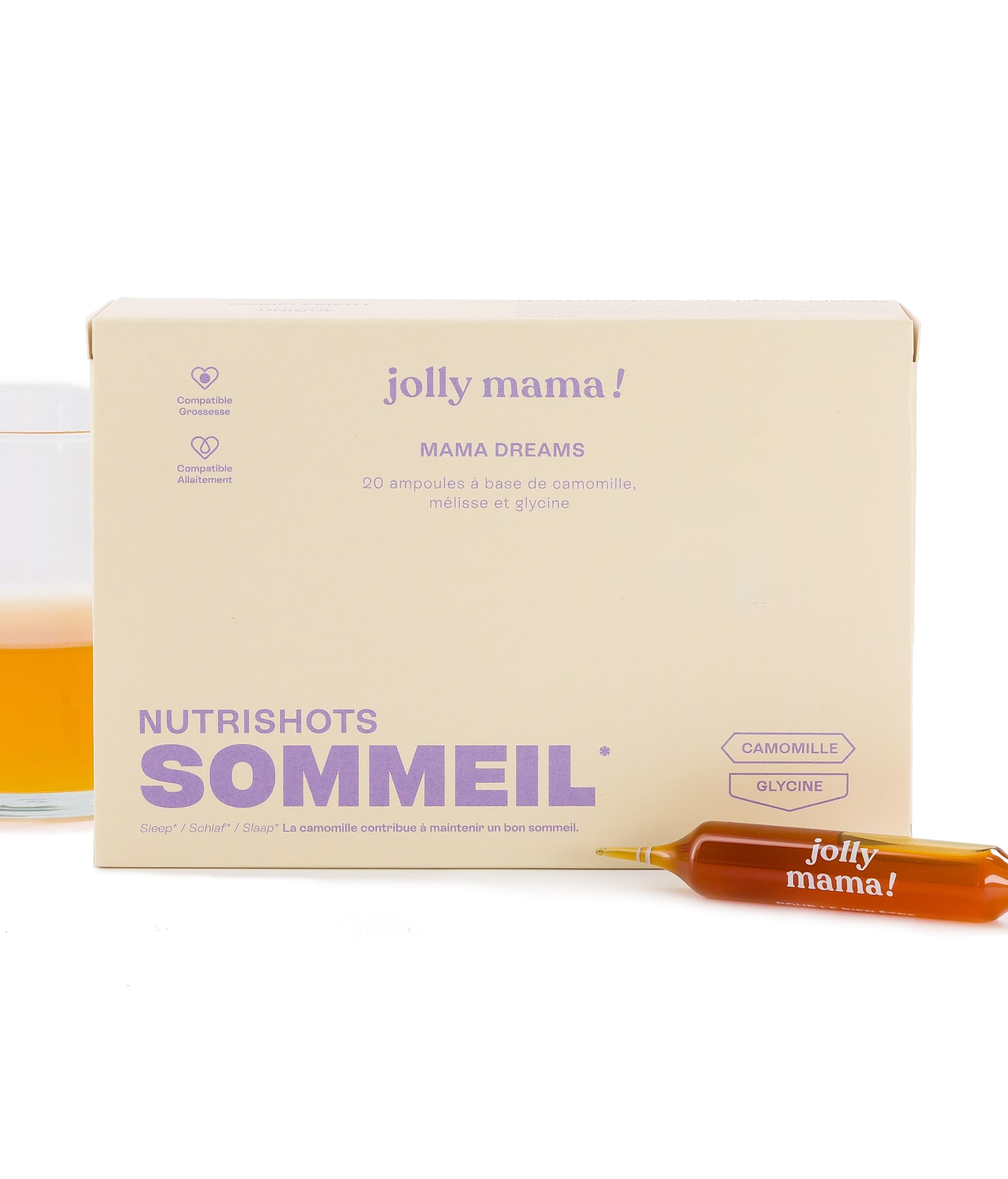 Jolly mama! Mama Dreams | Complément Alimentaire Sommeil | Plantes, Glycine, Mélisse, Camomille | Sans Mélatonine | Compatible Grossesse et Allaitement | Cure 1 Cycle, 20 Ampoules