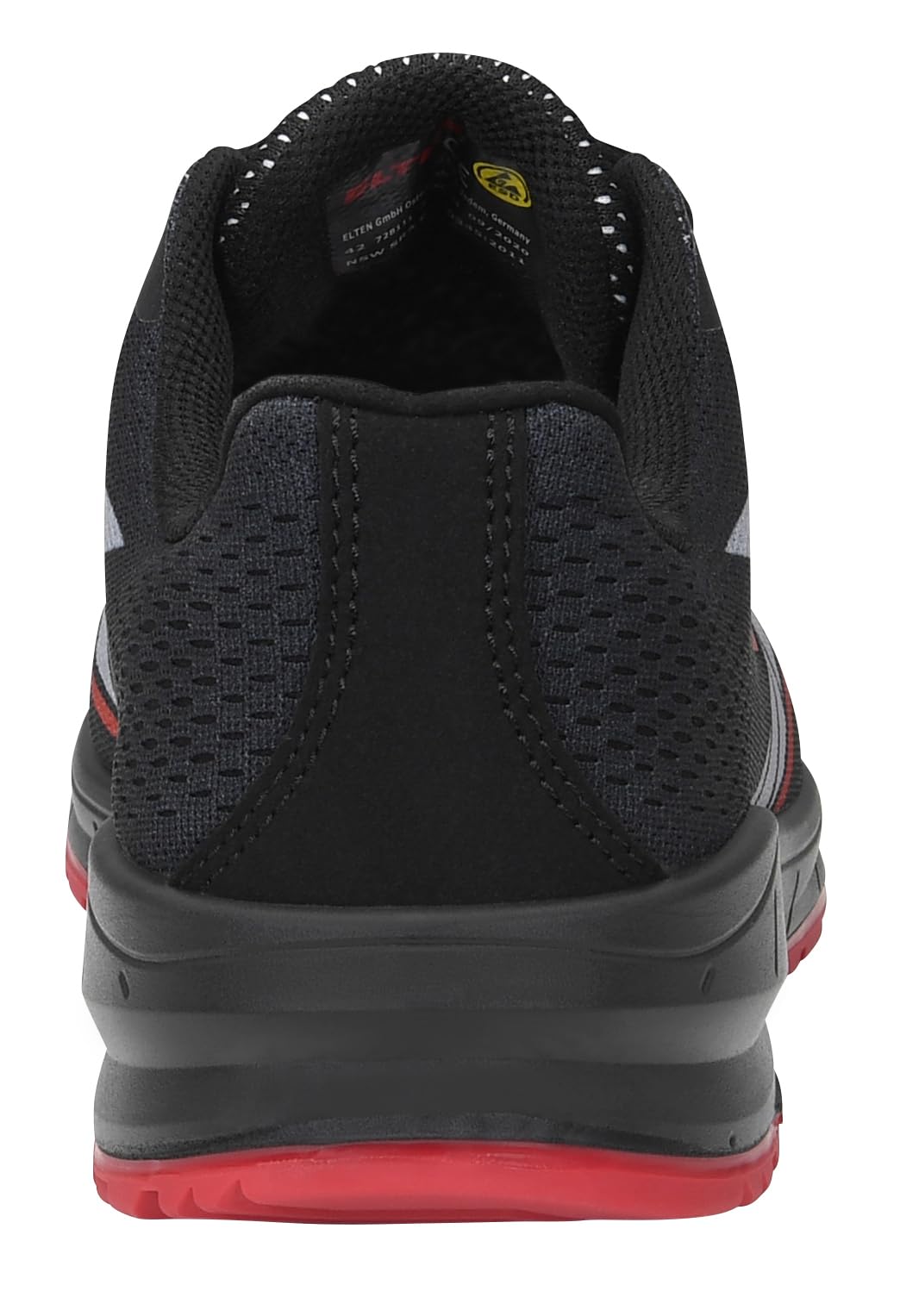 ELTEN Obuwie ochronne Larkin XXSports Black-Grey Low ESD S1P, dla kobiet i mężczyzn, tekstylne, stalowe noski, lekkie, sportowe, czarne/czerwone