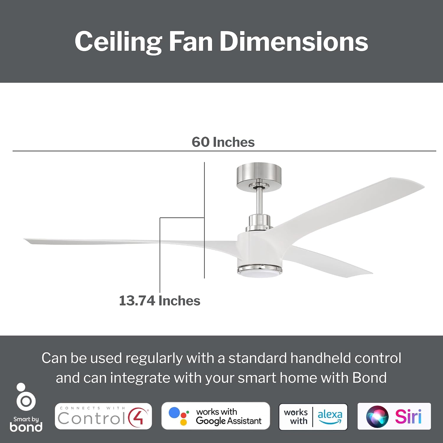 Craftmade 60" Phoebe Damp Rated Ceiling Fan in White/Polished Nickel Finish, LED Light Included, Remote Control Included, Smart WiFi Enabled w/Voice Activation, works with Alexa & Smart Home Devices