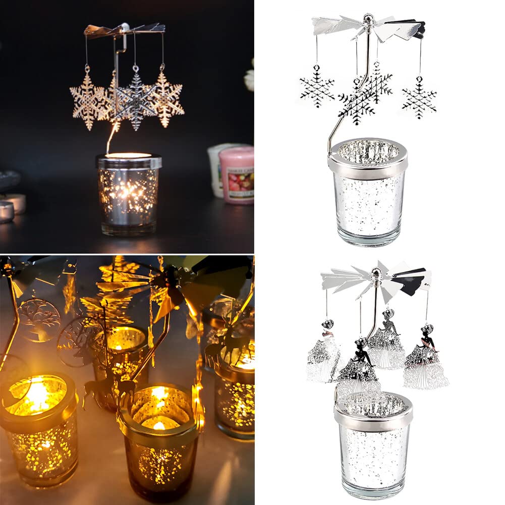 Eforcase Rotary Spinning Candle Holder, Silver Flying Christmas Tree Tea Lights Candle Ornament for Wedding Party Home Decor