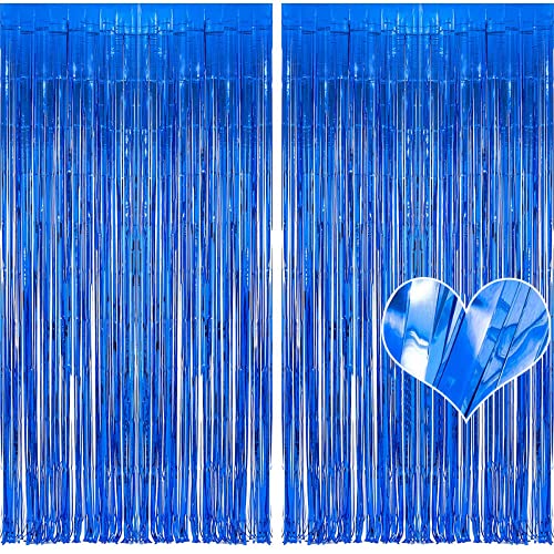 2 Pack Foil Fringe Curtain 3ft x 6.5ft Metallic Tinsel Backdrop Streamers for Party Birthday Wedding Graduation Decorations (Blue)