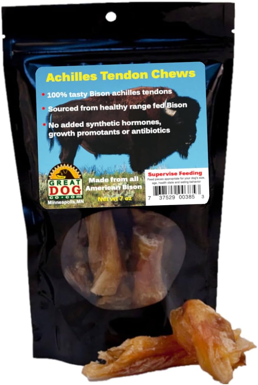 Great Dog Bison Achilles Tendon Chews – 7 oz Bag | All-Natural, Long-Lasting, USA Sourced & Made | Hypoallergenic, Grain-Free Dog Treats for Small to Medium Dogs