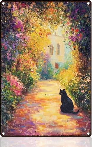 Cartel de metal retro para decoración de pared con diseño de gato negro y jardín, 8 x 12 pulgadas, pintura al óleo de primavera, póster artístico