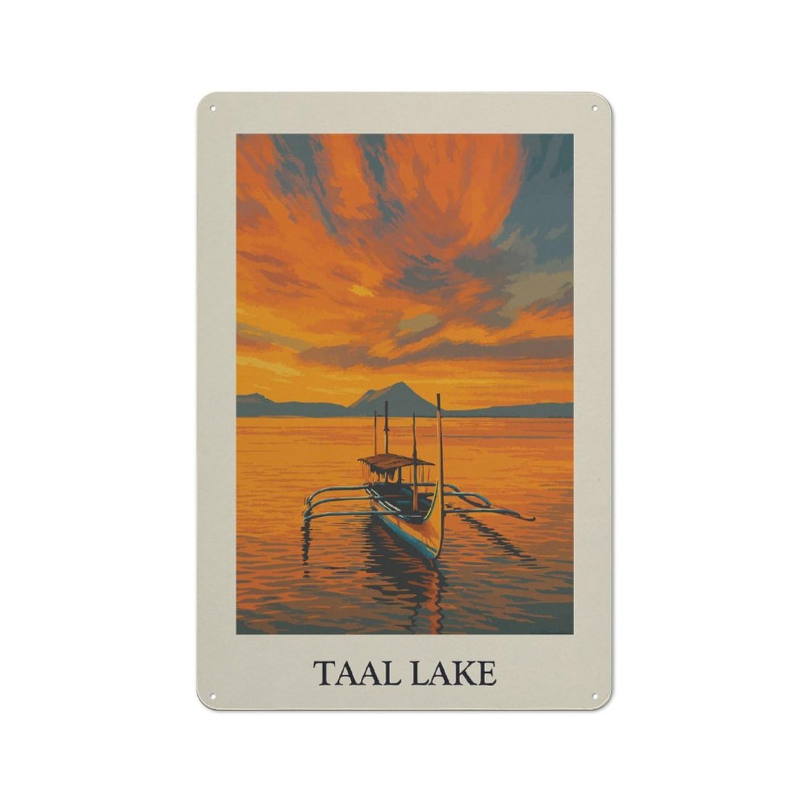 Vintage Metal Plaque 30x20cm Featuring Taal Lake Sunset Art Print, Diner Style Decor for Restaurant, Kitchen, Counter Or Breakfast Nook