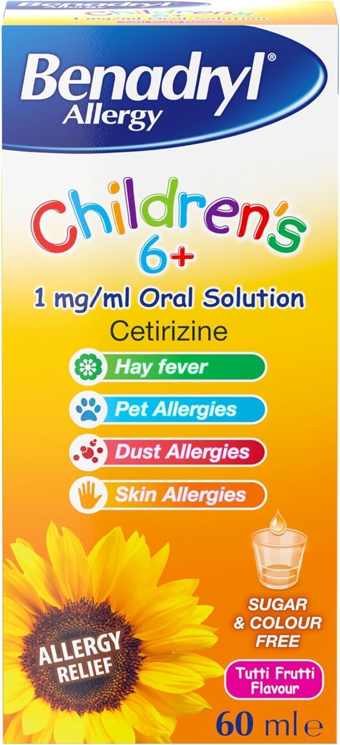 Benadryl Allergy Relief for Children 6+ Years (1 x 60ml), Tutti Frutti Flavour Syrup, Sugar & Colour Free with Cetirizine, Long-Lasting All-Day Relief