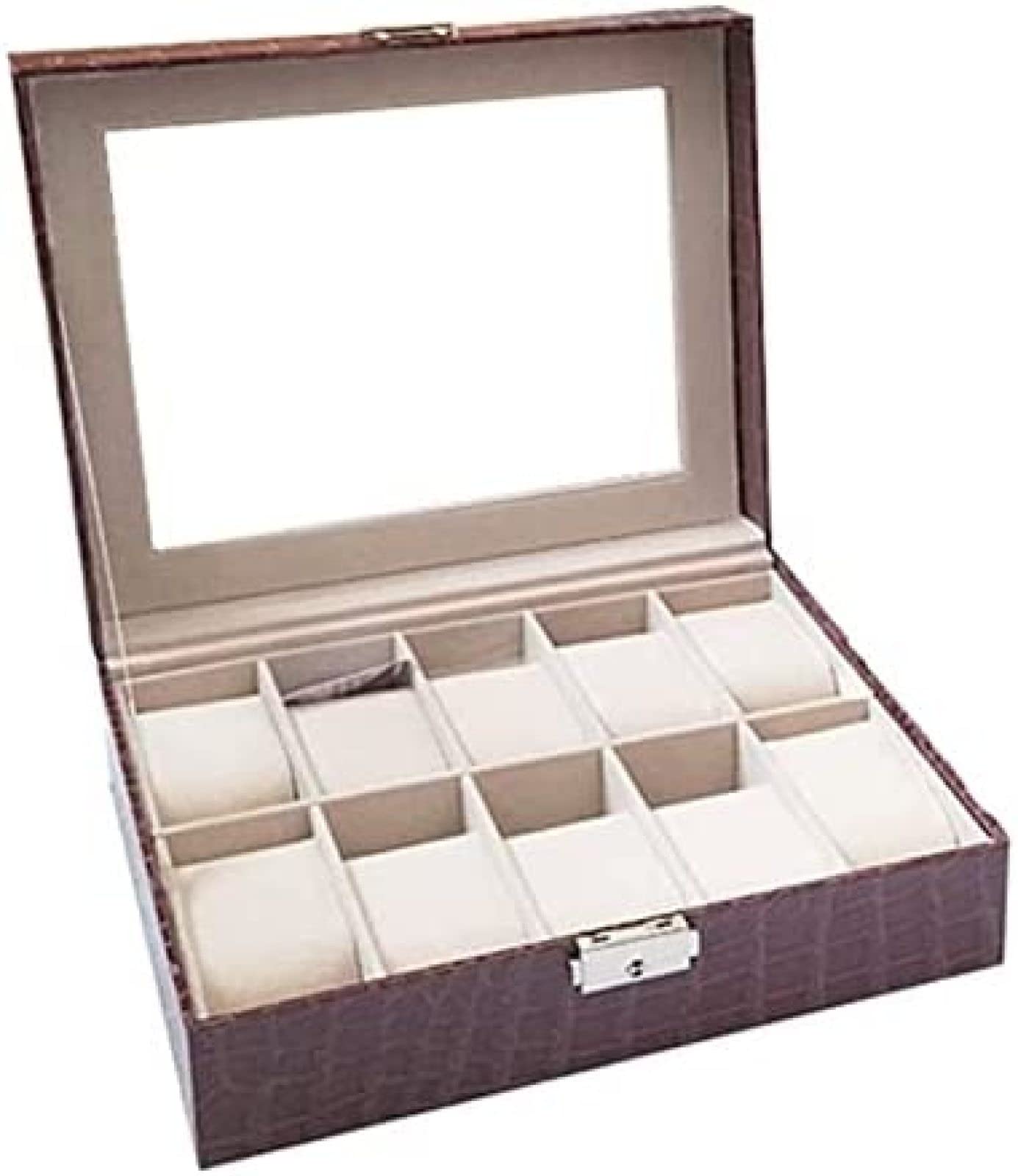 YNBSHGAA Watch Box Watch Case Watch Roll 10 Slot PU Leather Lockable Watch Box Display Case Organizer Holder Jewelry Storage Showcase with Clear Lid,Brown,25X20X8cm,Brown-25X20X8cm