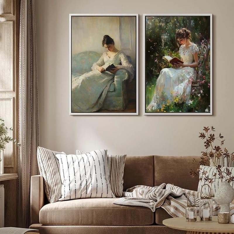 LZMASM Ritratto antico di donna che legge un libro, poster vintage di natura morta, stampe su tela dai toni tenui, decorazione da parete per camera da letto e casa (40x50 cm/2 pezzi senza cornice)