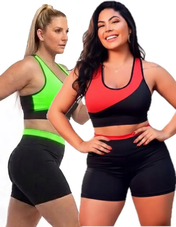 Kit 2 Conjuntos Plus Size Academia Feminino Fitness Short E Top Treino Musculação Crossfit Caminhada Ginástica veste 48