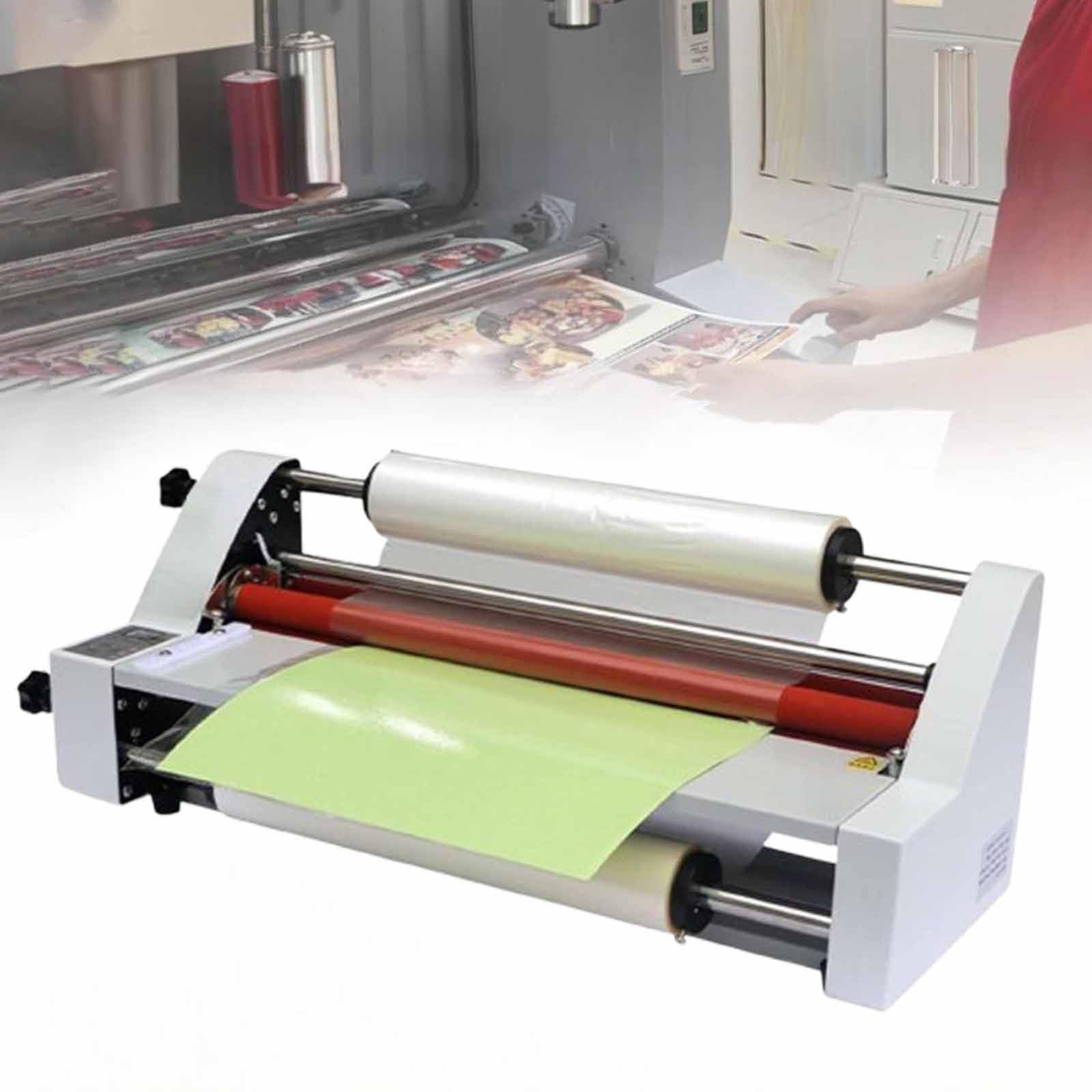 Laminator z elektroniczną kontrolą temperatury i czterema rolkami do laminowania na gorąco i na zimno, kompatybilny z papierem A3 i A4 do zastosowań jedno- lub dwustronnych, zawier