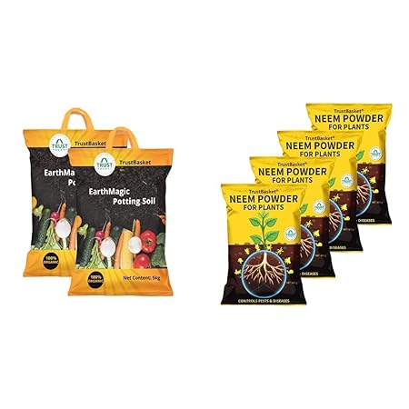 Trust Basket Enriched Organic Earth Magic Potting Soil Mix with Required Fertilizers for Plants - 10 & Neem Cake Powder Organic Fertilizer and Pest Repellent for Plants (450 GMS) - Set of 4 Combo