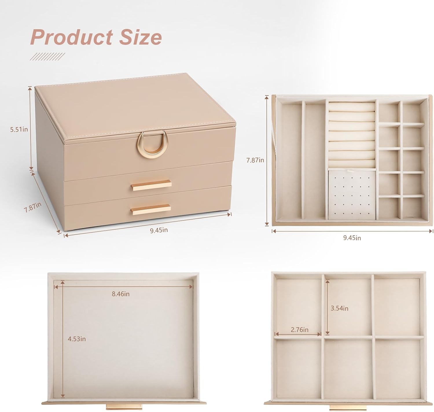 Leather Jewelry Box Premium 3-Layer Jewelry Case with Mirror - Scratch-Resistant Storage for Earrings, Rings, Necklaces, Ideal Gift for Women Apricot - Image 3