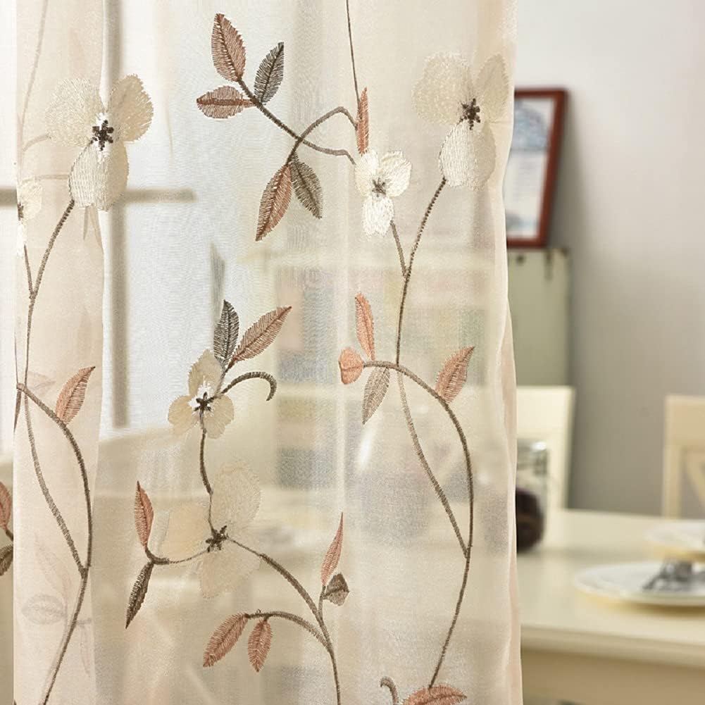 Natural Exquisite Flower Embroidery Semi Tulle Sheer Curtains Gauze Window Curtains Rod Pocket Panels Drapes For Living Room Dining Room Bedroom Balcony Kitchen(1 Panel, W 100 x L 84 inch, Brown)