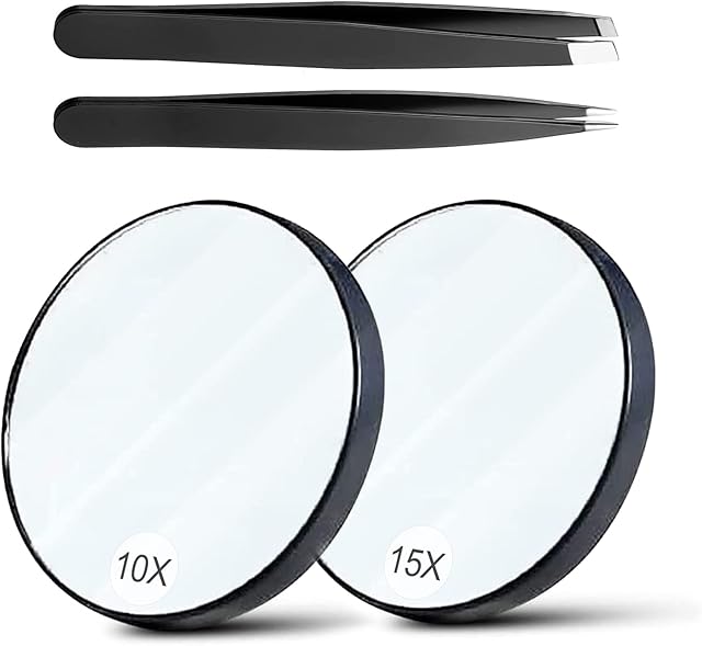 VIKSAUN 4 Pieces Magnifying Mirror and Tweezers Kit Makeup Mirror Suction Cup Mirror Travel Mirror with Suction Cups for Makeup Eyebrow Tweezing 15X 10X Makeup Magnifier Black (4 pcs)