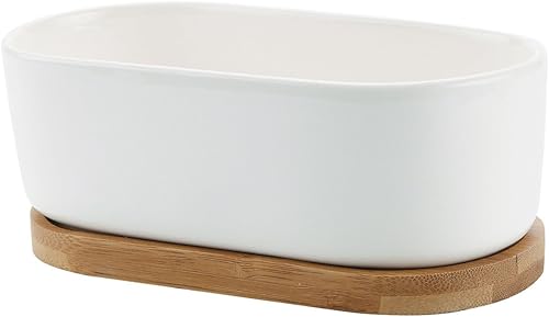 Miniatura 5 de T4U Macetas pequeñas blancas para suculentas con bandeja de bambú, contenedor ovalado para plantas de cactus para decoración de mesa de oficina en
