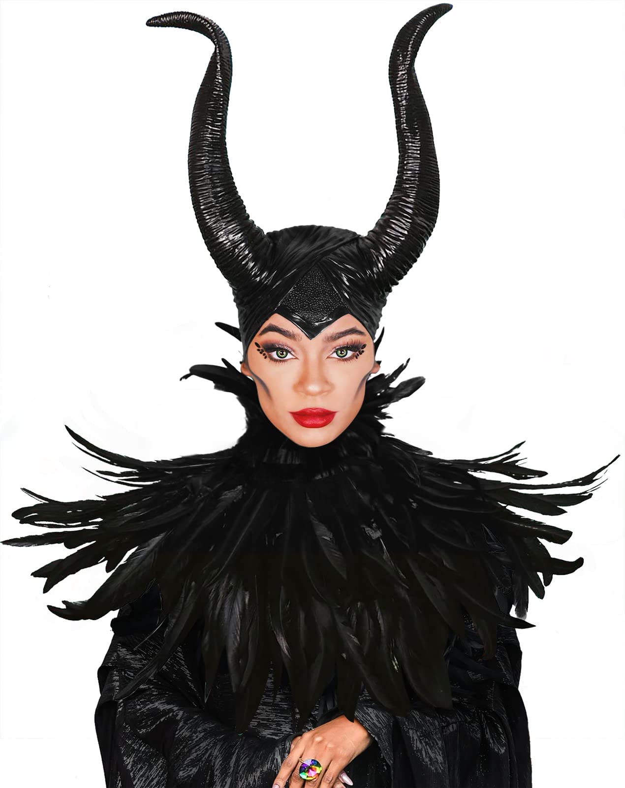 UQJEBlack Gothic Witch Costume Raven Costume Halloween Feather Shawl Mesh Cape with Horns Set