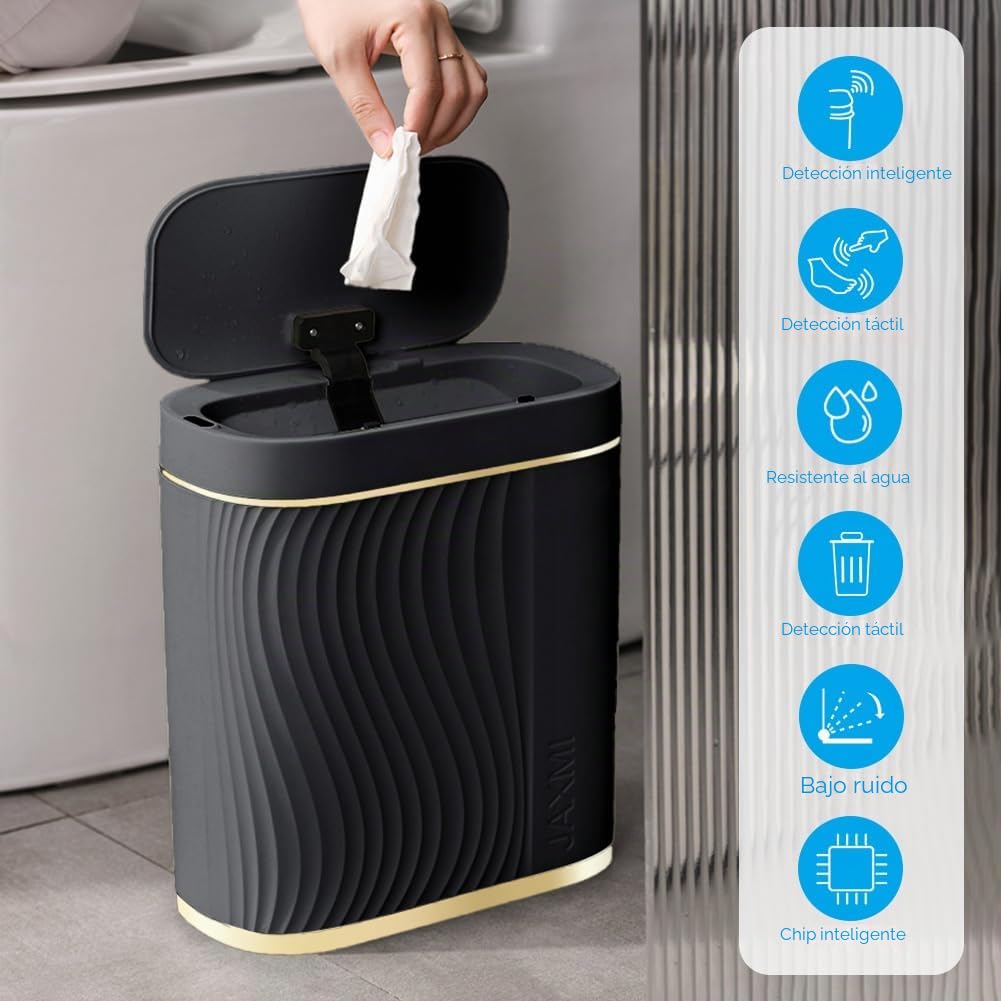 Cubo de basura con sensor de 8L para baño, cubo de basura automático con tapa, cubo de basura estrecho – adecuado para baño, cocina, salón, dormitorio (negro)