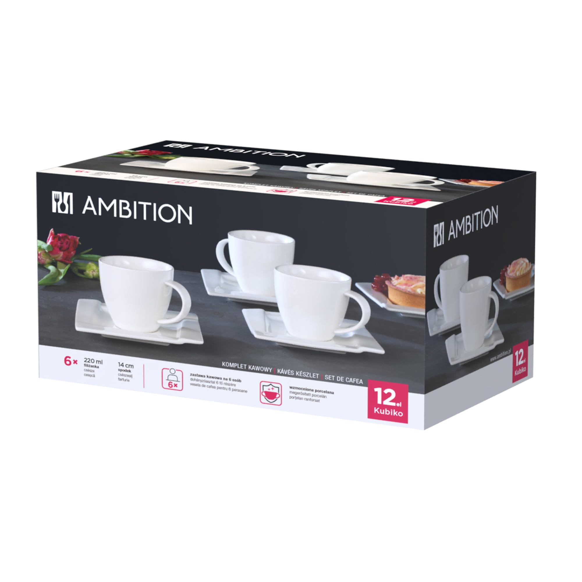 Dajar Ambition Kaffeeservice Kaffee Set Porzellan Eckig Weiß Tassen Untertasse Kubiko 12 TLG., 46,5 x 16 x 9 cm