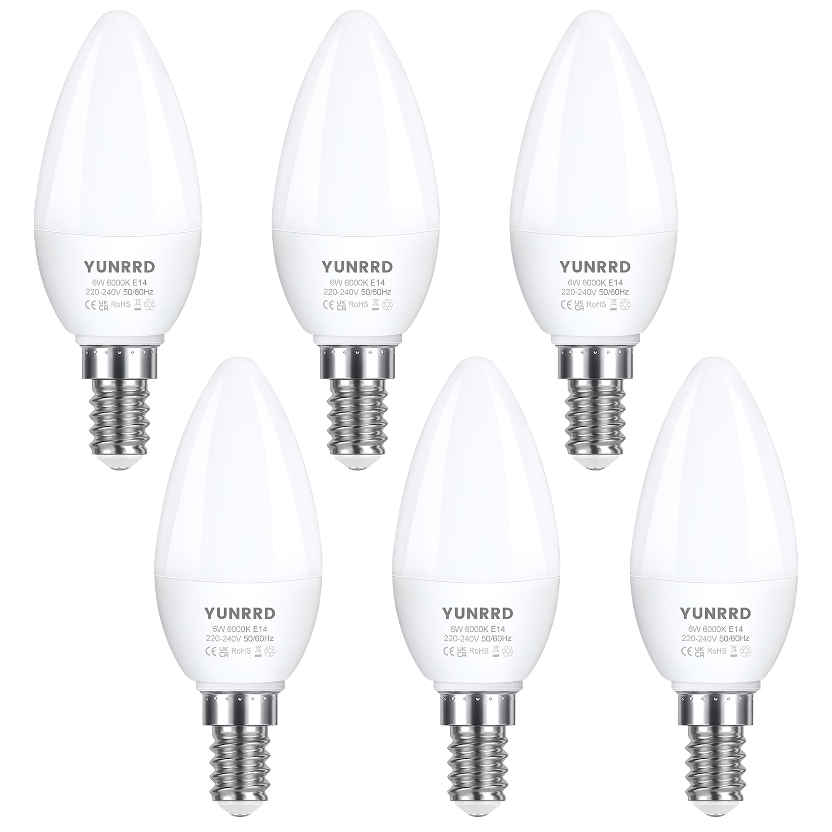 YUNRRD E14 LED Light Bulb,Cool White 6000K,6W (60 Watts Equivalent) E14 LED Candle Bulb,SES Small Edison Screw in Light Bulbs,550 Lumen,Energy Saving Candle Light Bulbs,220-240V,Non-Dimmable,Pack of 6 — image 1