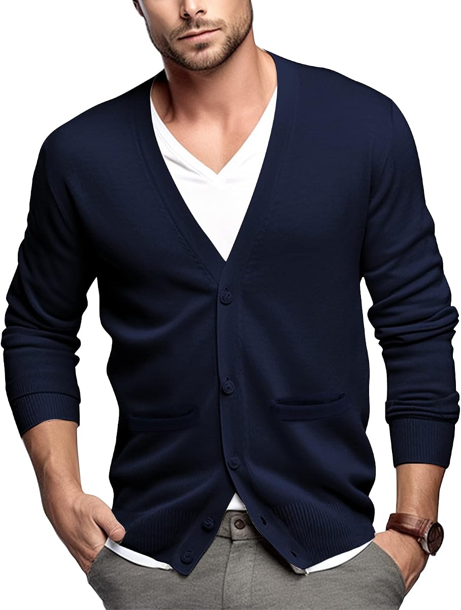 QUALFORT Men's 100% Cotton V Neck Cardigan Sweater | Long Sleeve Button Down Knitted Outerwear with Pockets Casual Layering Everyday
