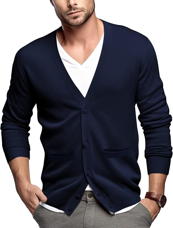 QUALFORT Men's 100% Cotton V Neck Cardigan Sweater | Long Sleeve Button Down Knitted Outerwear with Pockets Casual Layering Everyday