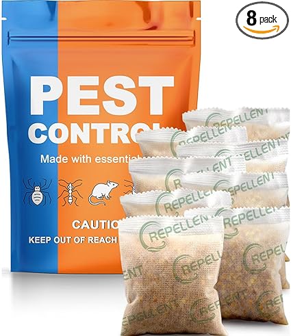 Pest Repellent, Rodent Repellent for Indoor and Outdoor, Keep Roach, Mouse, Ant, Moth and Spider Away from House, Attic, Kitchen and Car Engines, Safe for Kids and Pets, Protects 120 sq ft - 8P