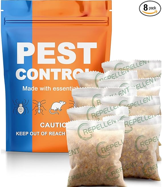 Pest Repellent, Rodent Repellent for Indoor and Outdoor, Keep Roach, Mouse, Ant, Moth and Spider Away from House, Attic, Kitchen and Car Engines, Safe for Kids and Pets, Protects 120 sq ft - 8P