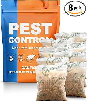 Pest Repellent, Rodent Repellent for Indoor and Outdoor, Keep Roach, Mouse, Ant, Moth and Spider Away from House, Attic, Kitchen and Car Engines, Safe for Kids and Pets, Protects 120 sq ft - 8P