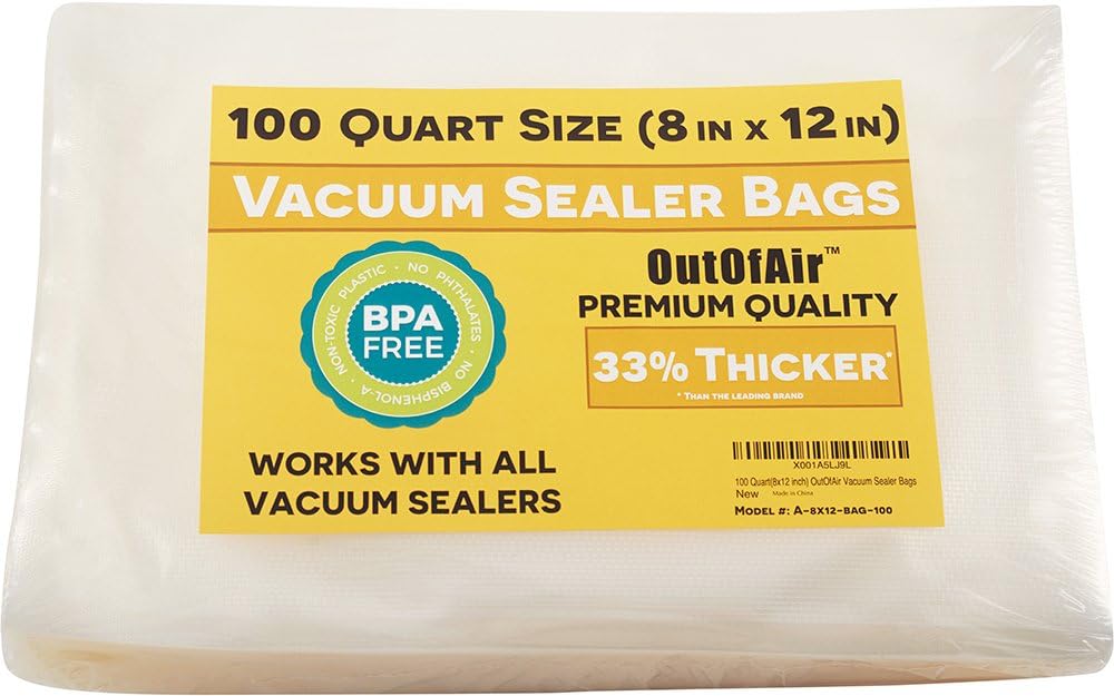 100 Vacuum Sealer Bags: Quart Size (8" x 12") by OutOfAir Works With FoodSaver & Other Machines - 33% Thicker BPA Free, Commercial Grade, 8 x 12 inches