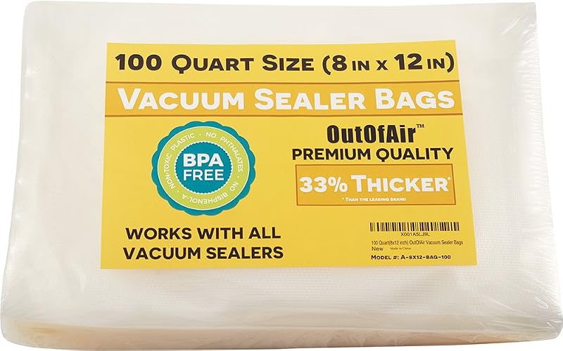 100 bolsas selladoras al vacío: tamaño de un cuarto (8" x 12") de OutOfAir funciona con FoodSaver y otras máquinas - 33% más gruesas sin BPA, grado comercial, 8 x 12 pulgadas