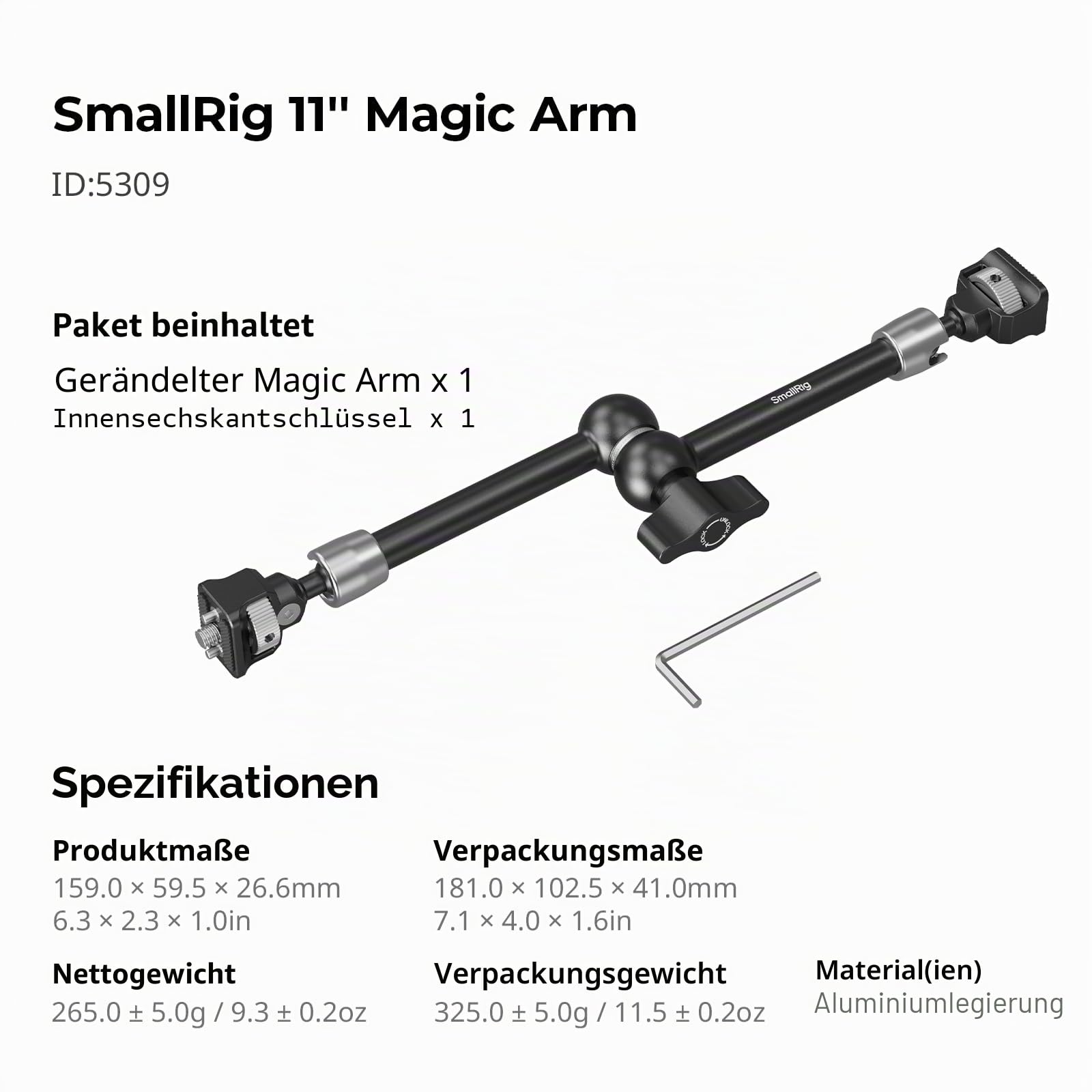 SMALLRIG 11'' Magic Arm mit 1/4"-20 Schrauben und Gefederten Stiften, 1,5kg Tragkraft, 360° Doppelkugelkopf, Rutschfestes Design für Kameras/Leuchten/Monitore/Mikrofone/Telefone – 5309