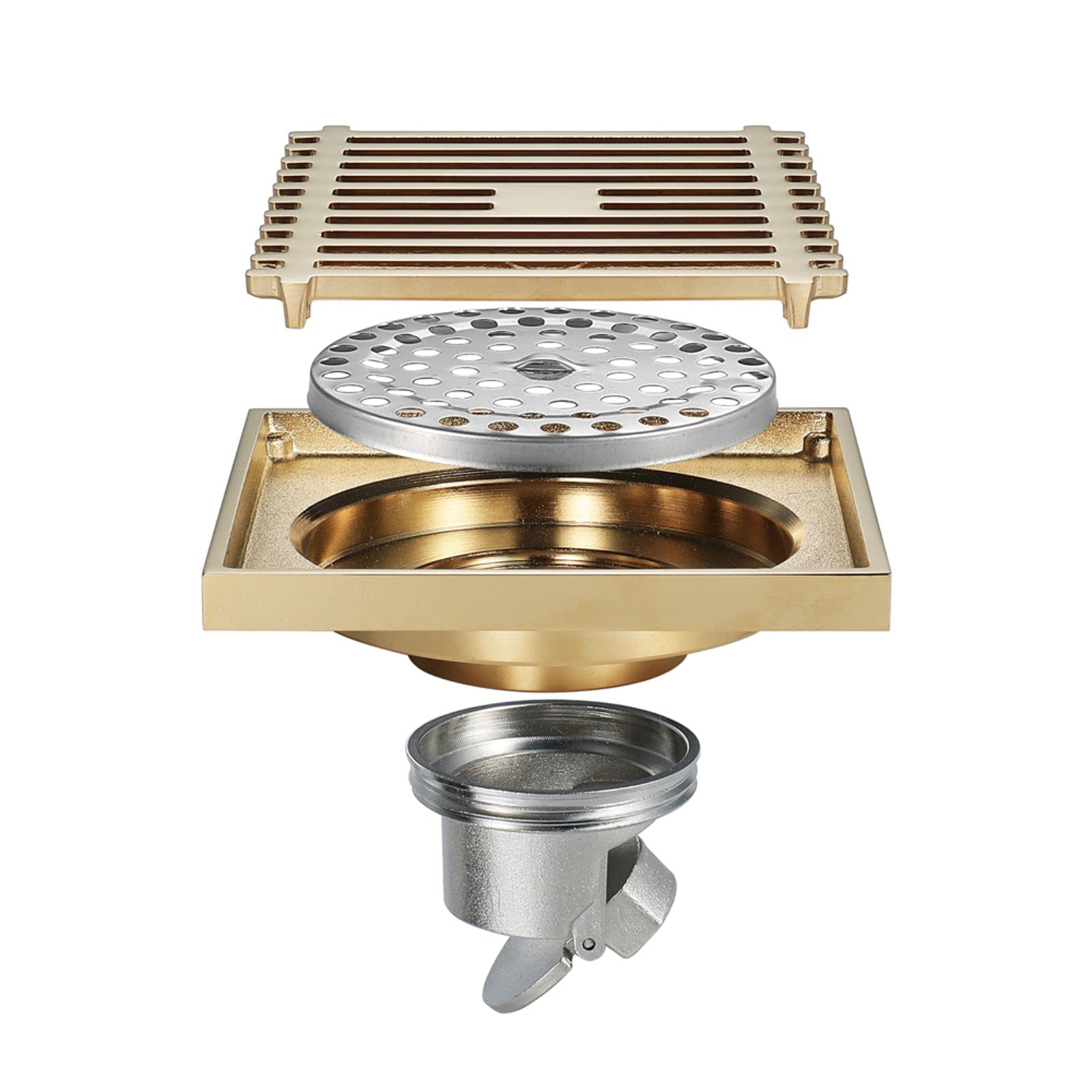 Bonde de douche anti-engorgement carrée en laiton champagne 4"