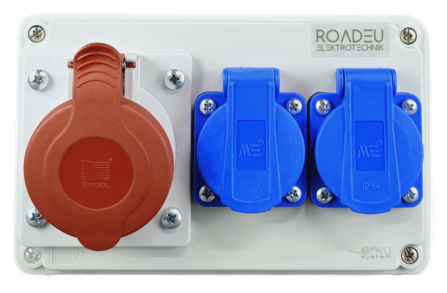 RoadEu - Toma de pared combinada - CEE 16A y 2x Schuko - Distribuidor de enchufes - Distribuidor de corriente de 16A, IP44 Ideal para Taller, Cobertizo y Fábricas.