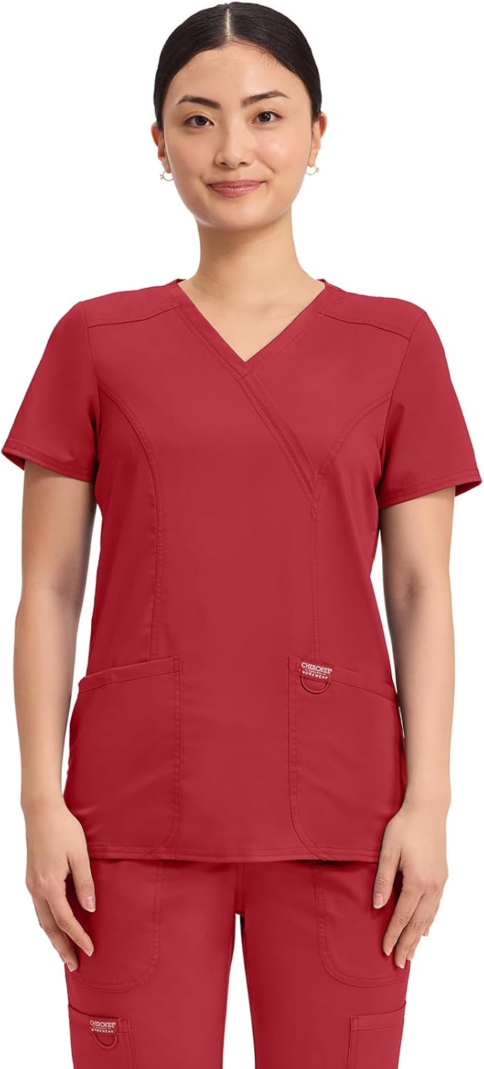 Cherokee Scrubs Top for Women Mock Wrap with 3 Pockets, Soft, 2-Way Stretch & Durable Fabric - WW610