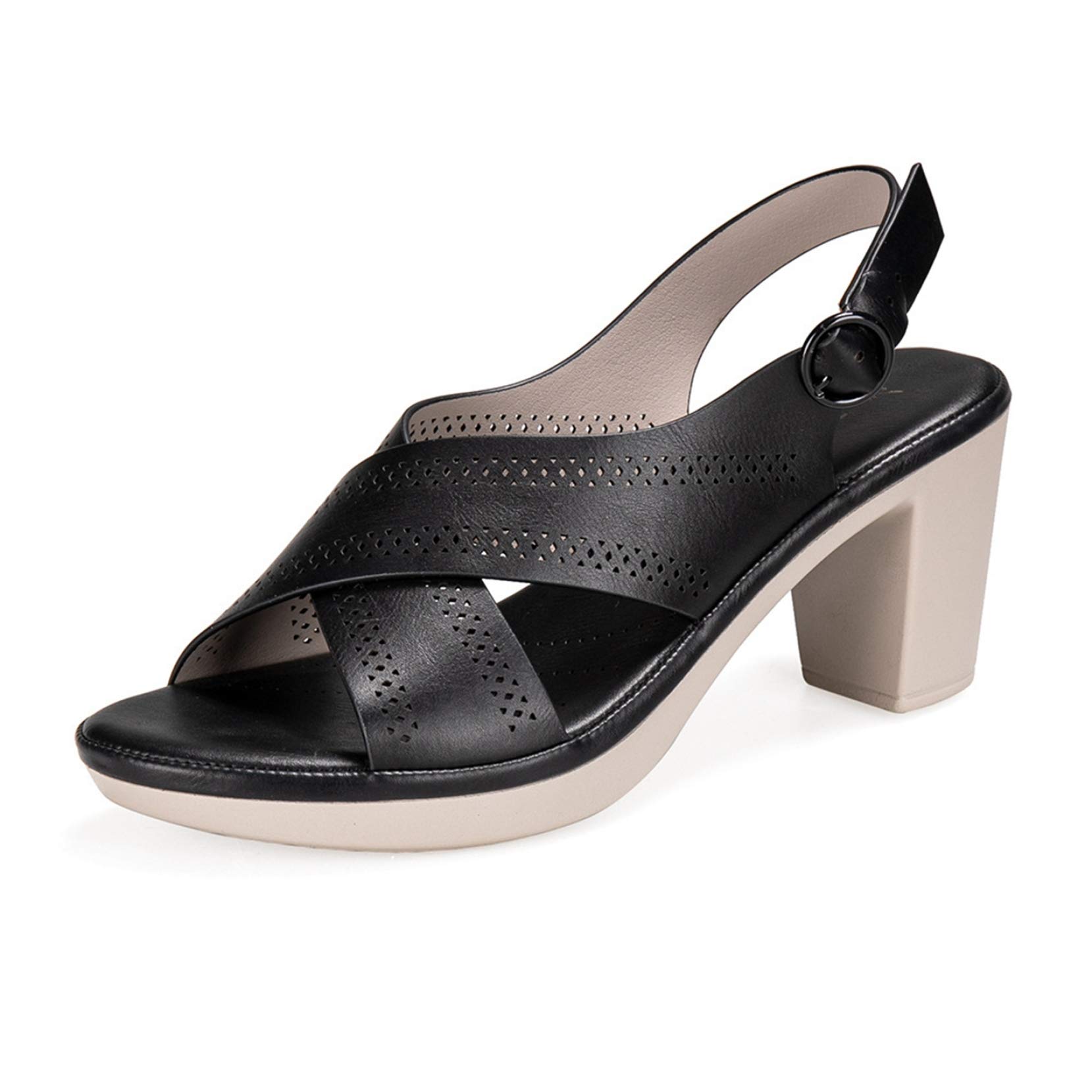 Amazon | [Kg8d] オープントゥ 黒 チャンキーヒール バックストラップ