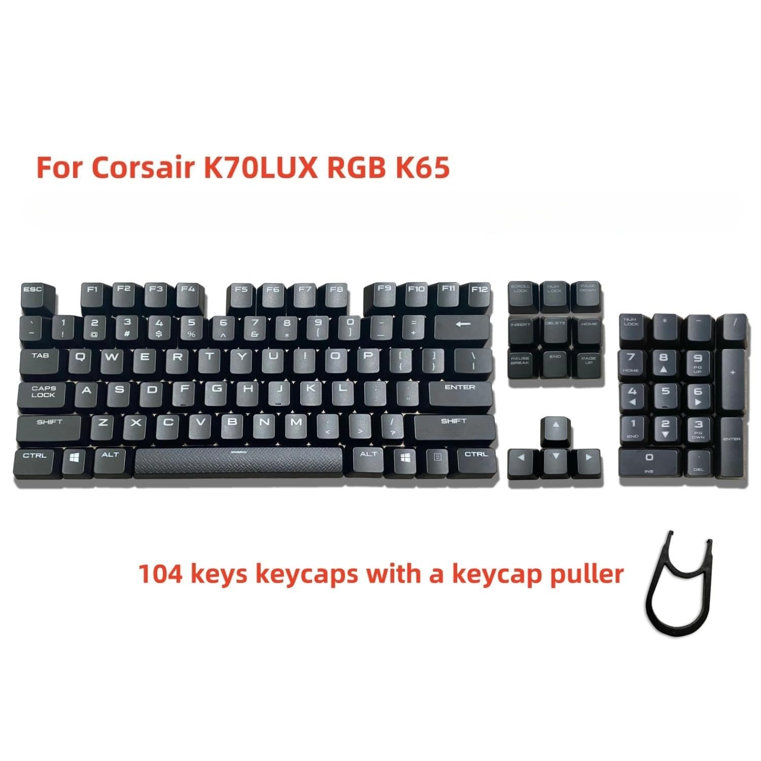 Juego de teclas ABS compatible con Corsair K70 LUX/K70 RGB/K68/Reactor MK2, semitransparente, diseño estadounidense, teclas de repuesto mecánicas para juegos (juego completo de 104 llaves)