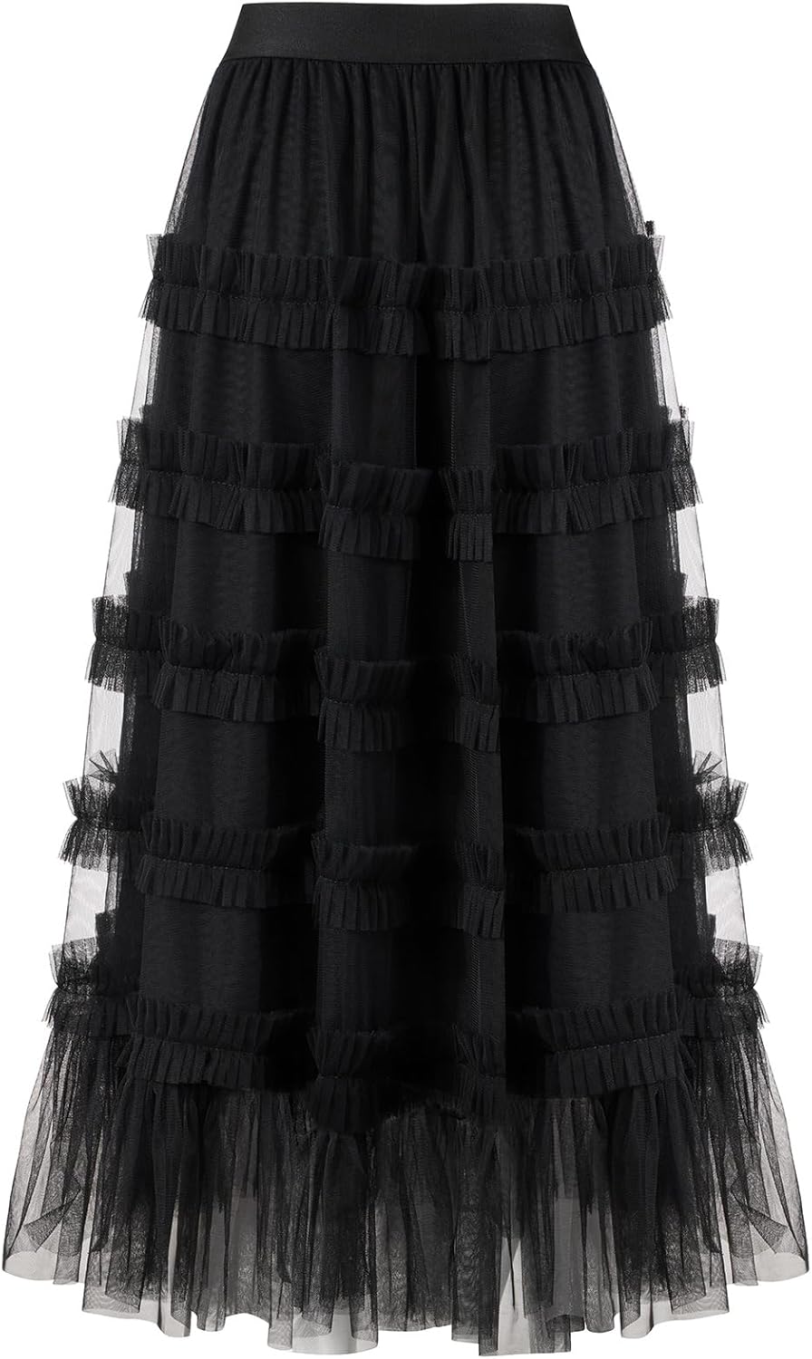 Tulle Skirts for Women Long Length Tutu Fairy Tiered Skirt A Line Mesh Elastic Waist Skirts - Image 3