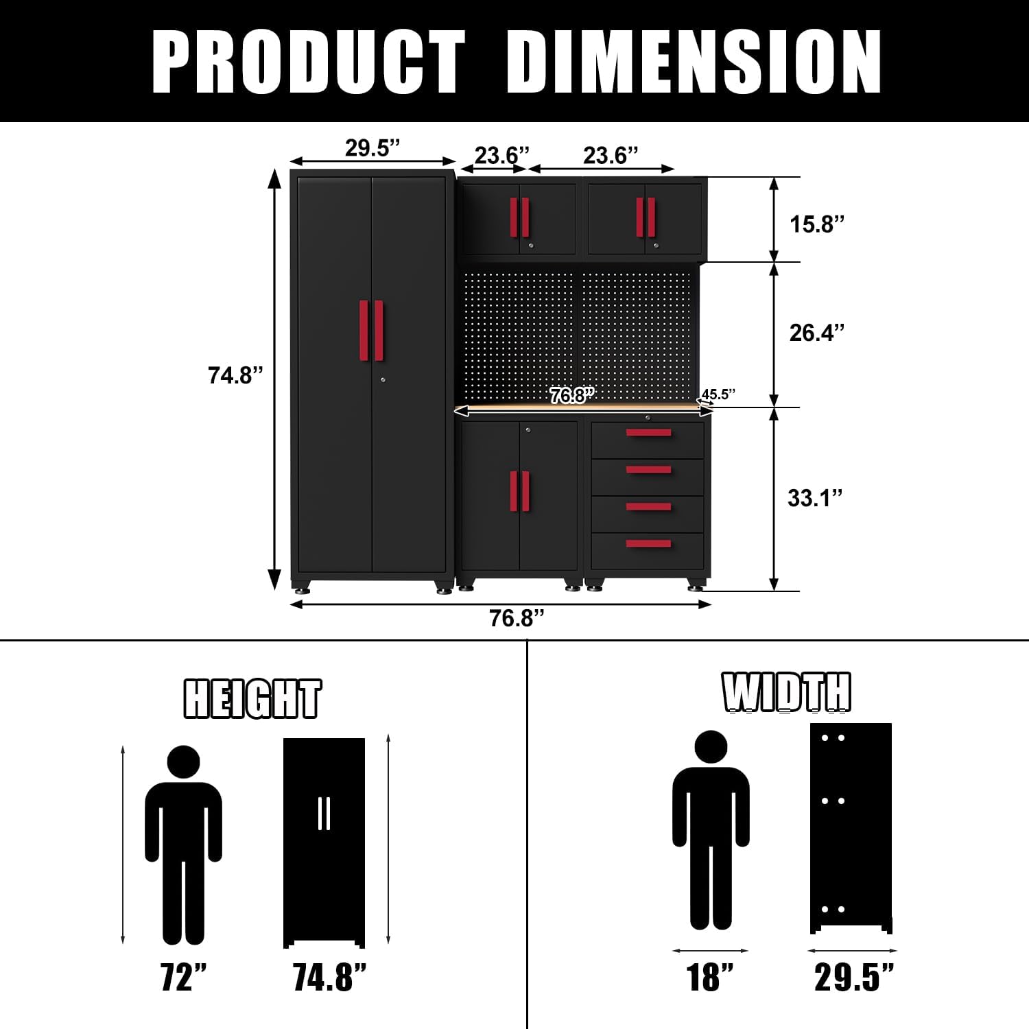 Garage Storage Cabinet System, 6-Pcs Garage Cabinets and Storage System Corner Workshop Set with Corner Cabinet, Cabinet Drawers, Workbench, Pegboard for Tool Organization, Black and Red