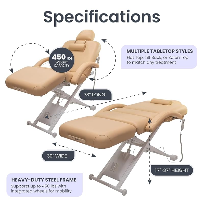 Electric Massage, Spa, and Treatment Table with Salon Top - Adjustable Height, Backrest, and Knee Section, Foot Control, ADA Compliant Treatment Table for Professionals Electric Salon Beige